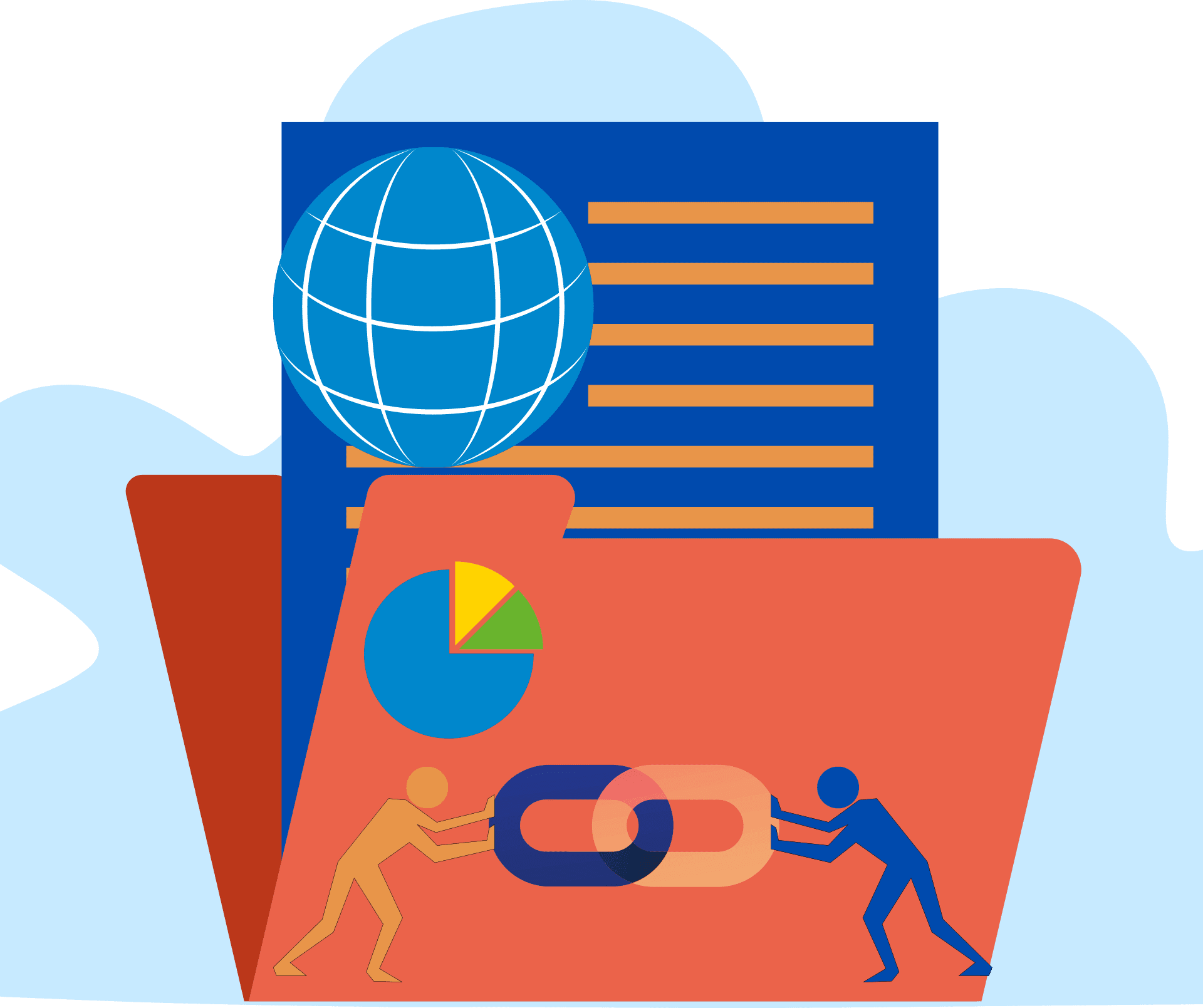 An illustration of two stylized figures pushing chain links together in front of a large folder. The folder has a pie chart, document, and globe icon, suggesting data, global connections, and collaboration.