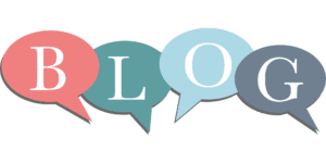 Four colorful speech bubbles spell out the word BLOG, with each letter in white and each bubble in a different pastel color: red, green, light blue, and blue-gray.