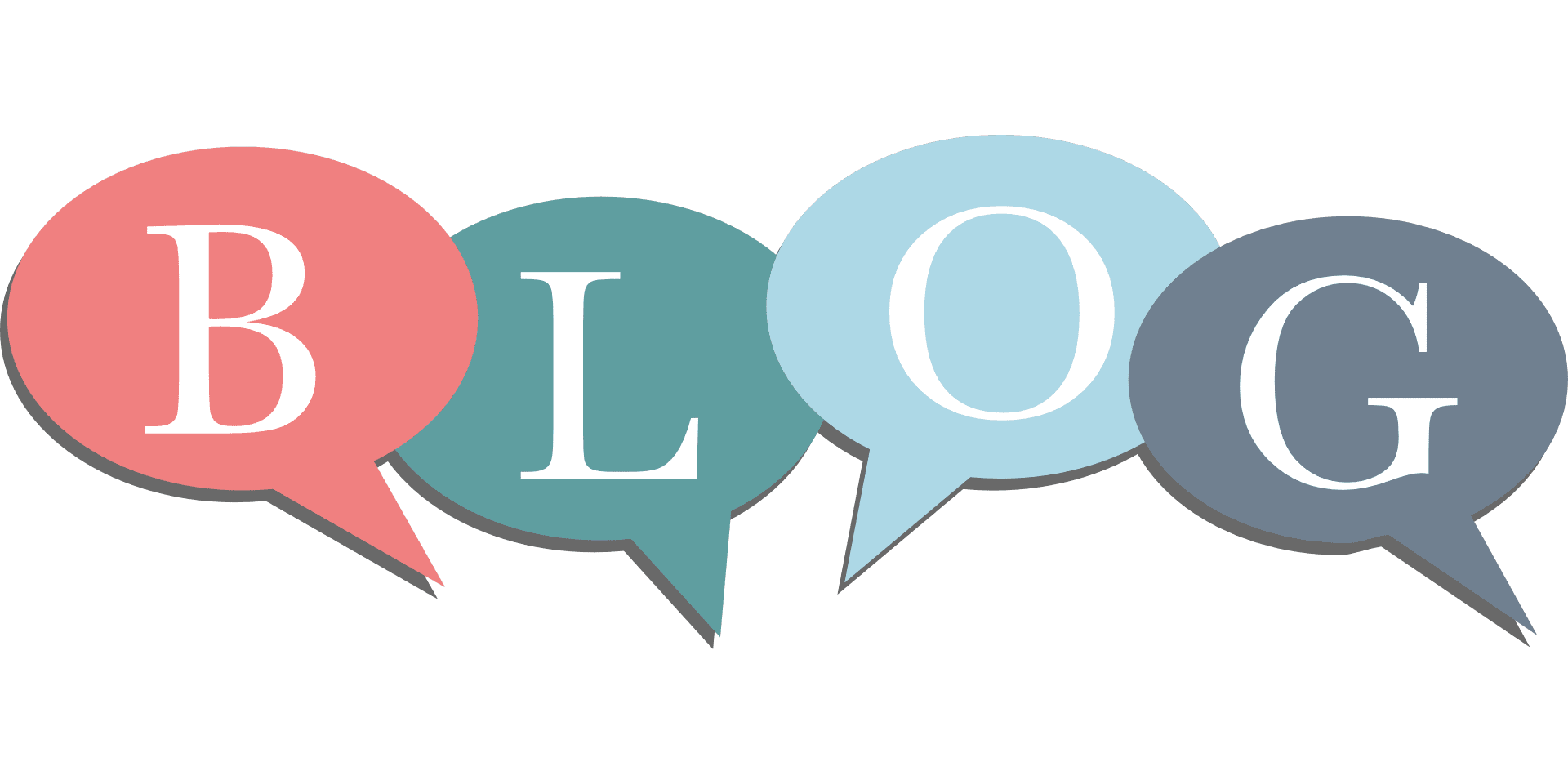 Four colorful speech bubbles spell out the word BLOG, with each letter in white and each bubble in a different pastel color: red, green, light blue, and blue-gray.