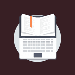 An open book with an orange bookmark rests on top of an open laptop keyboard, symbolizing online learning or digital education, set against a dark background with a light circular accent.