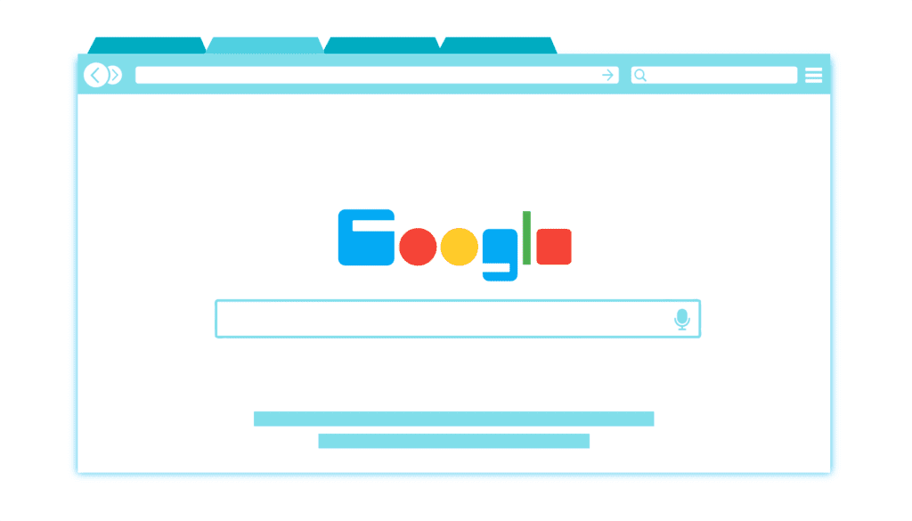 A stylized illustration of a web browser window open to the Google search homepage, showing the Google logo, search bar, and navigation tabs at the top.