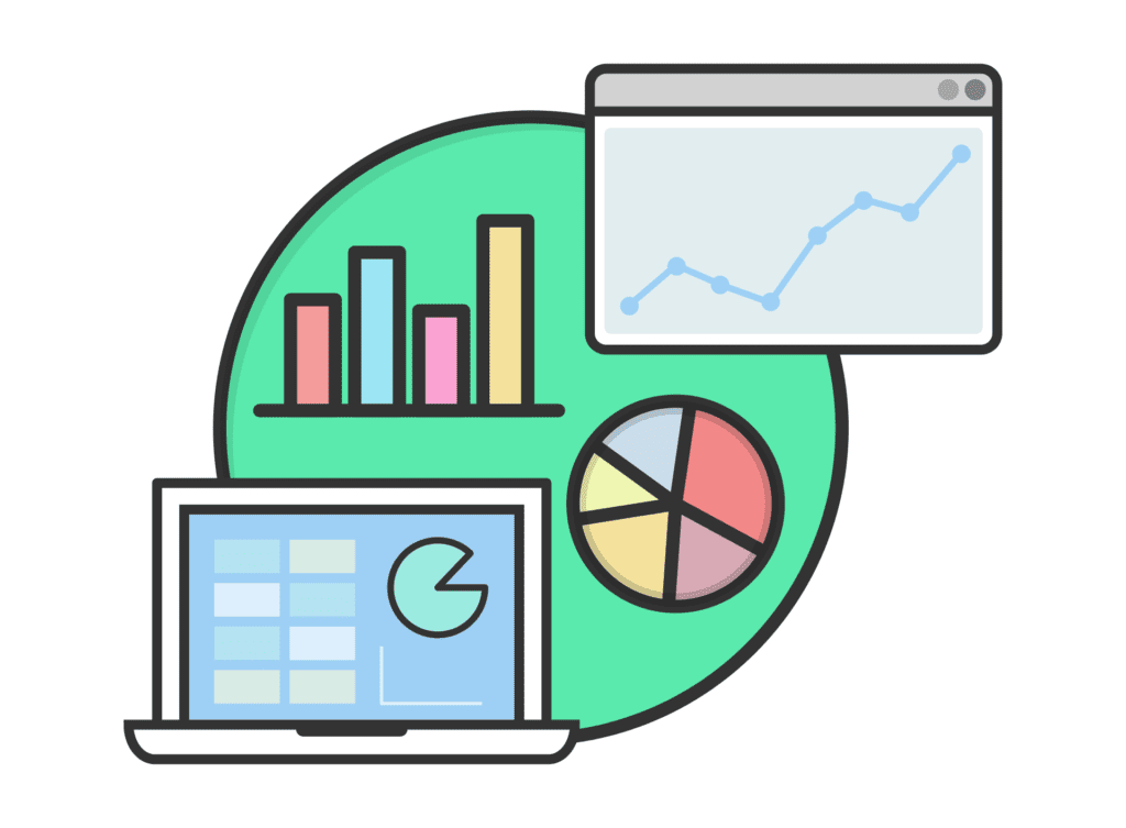 Illustration of a laptop with a pie chart on its screen, a colorful bar chart, a line graph in a browser window, and a large pie chart in the background, representing data analysis and business statistics.