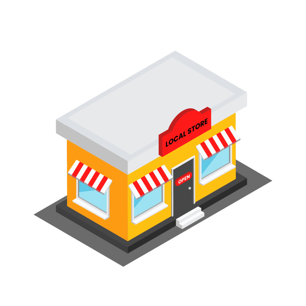 Isometric illustration of a small yellow local store with red and white striped awnings, three windows, and a door with an OPEN sign, sitting on a grey base.