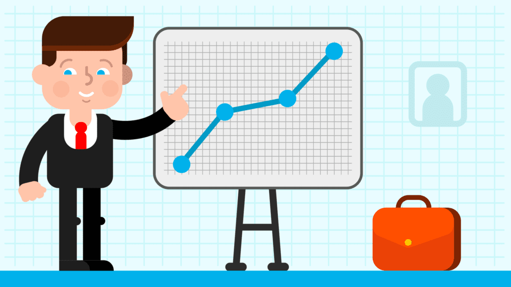 Cartoon man in a suit points to a line graph with rising data points on a flip chart. A briefcase sits nearby, and the background features a light blue grid pattern.