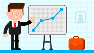 Cartoon man in a suit points to a line graph with rising data points on a flip chart. A briefcase sits nearby, and the background features a light blue grid pattern.