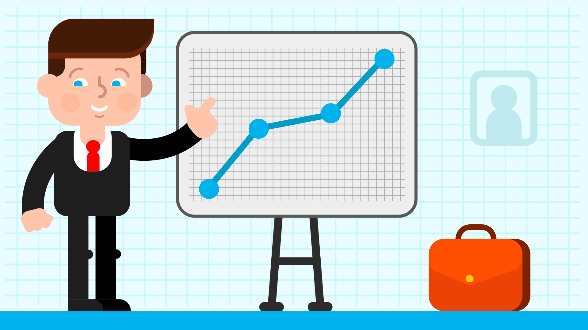 Cartoon man in a suit points to a line graph with rising data points on a flip chart. A briefcase sits nearby, and the background features a light blue grid pattern.