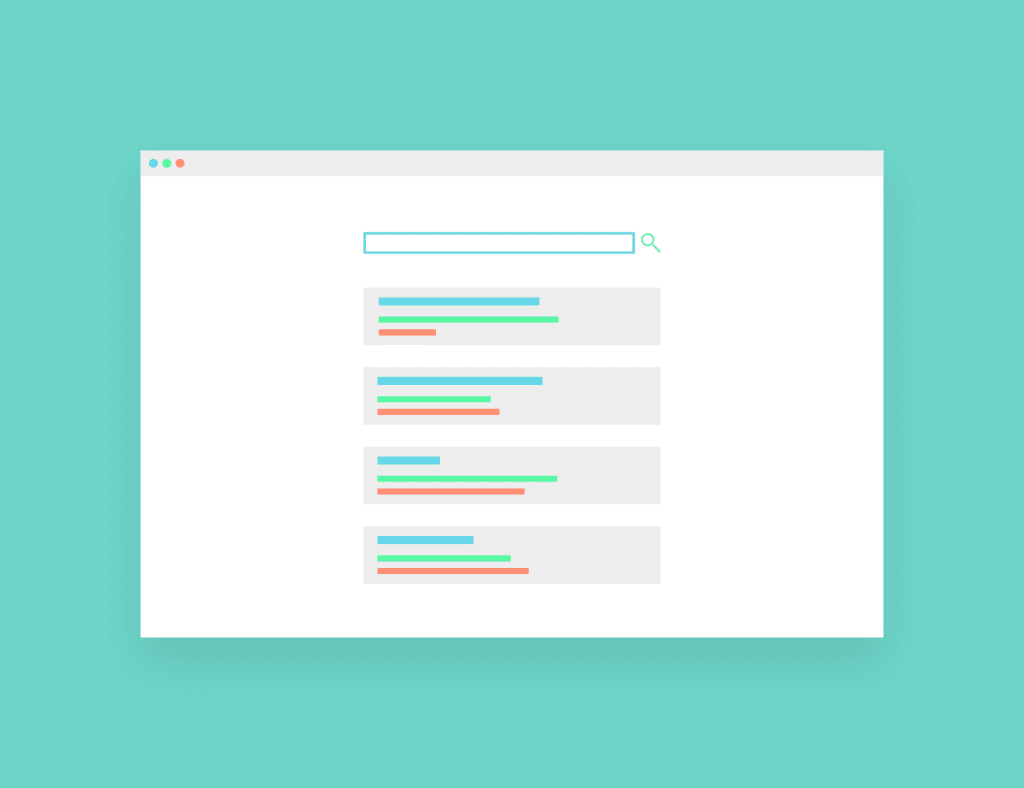 A simplified illustration of a web browser displaying a search engine results page with a search bar at the top and five results listed below, each containing colored lines representing text.