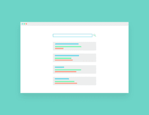 A simplified illustration of a web browser displaying a search engine results page with a search bar at the top and five results listed below, each containing colored lines representing text.
