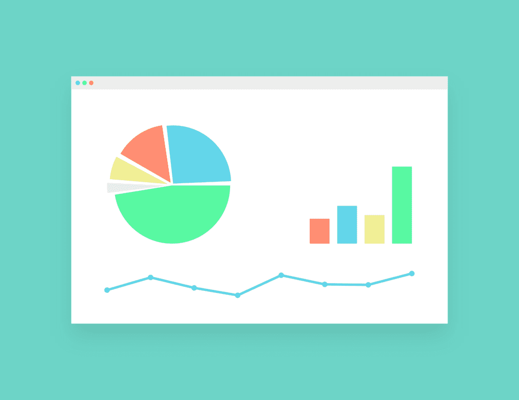A computer screen displays a colorful pie chart, four vertical bar graphs, and a blue line graph against a white background. The overall screen background is teal.