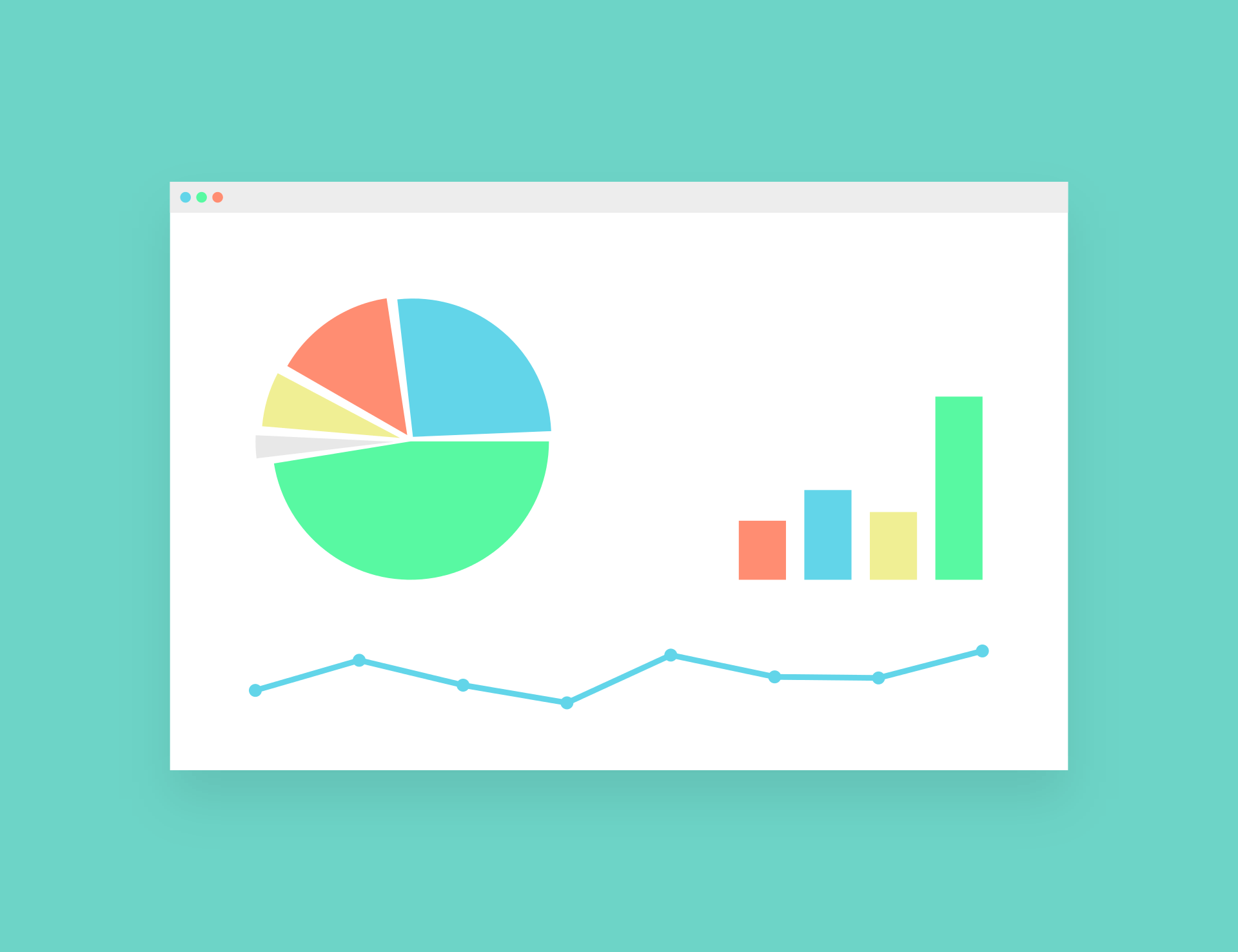 A computer screen displays a colorful pie chart, four vertical bar graphs, and a blue line graph against a white background. The overall screen background is teal.