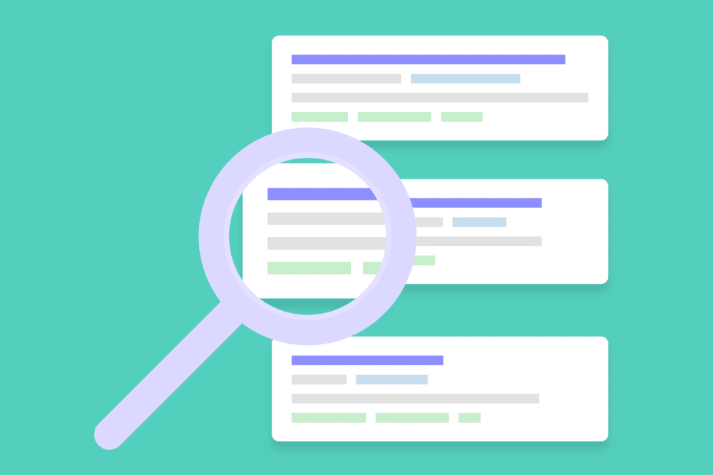 An illustration of a large magnifying glass hovering over three search result cards on a teal background, symbolizing online search or analysis of search results.
