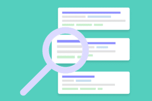 An illustration of a large magnifying glass hovering over three search result cards on a teal background, symbolizing online search or analysis of search results.
