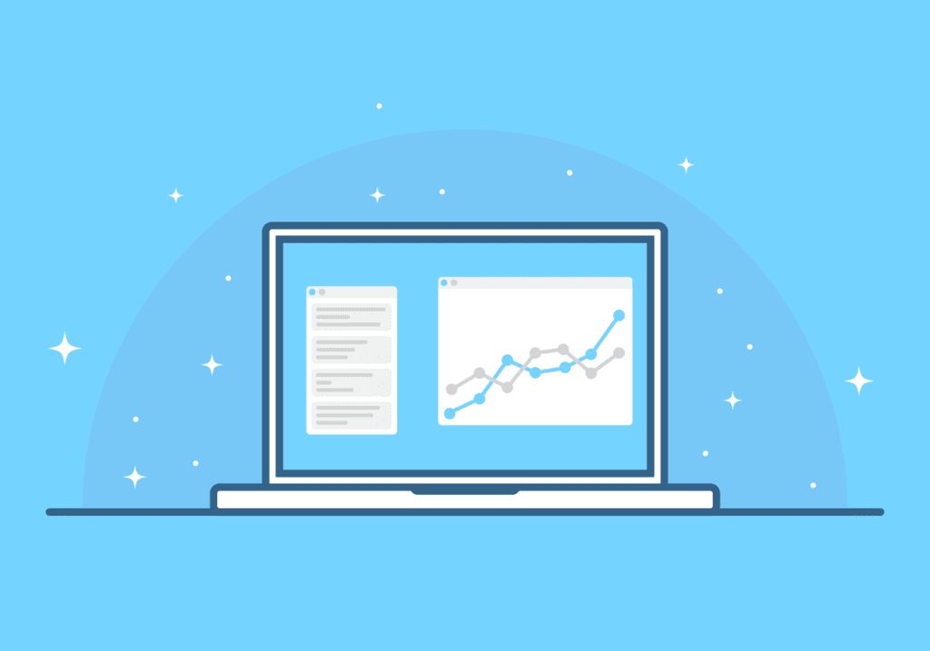 Illustration of an open laptop displaying a line graph and a document on the screen, set against a blue background with stars and sparkles.