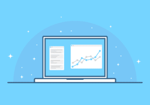Illustration of an open laptop displaying a line graph and a document on the screen, set against a blue background with stars and sparkles.