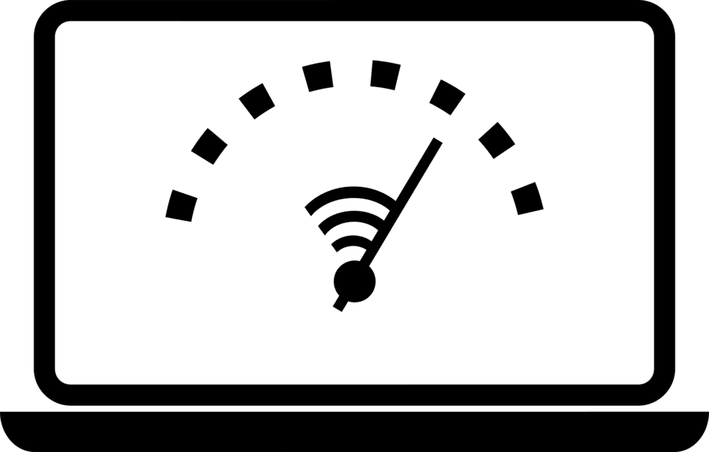 A black and white illustration of a laptop displaying a speedometer with a Wi-Fi symbol, indicating measurement of internet speed.