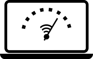 A black and white illustration of a laptop displaying a speedometer with a Wi-Fi symbol, indicating measurement of internet speed.