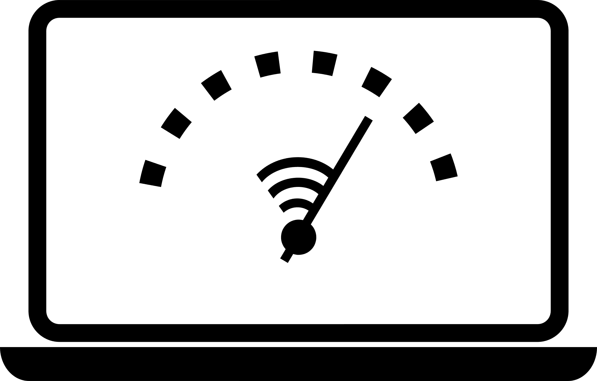 A black and white illustration of a laptop displaying a speedometer with a Wi-Fi symbol, indicating measurement of internet speed.