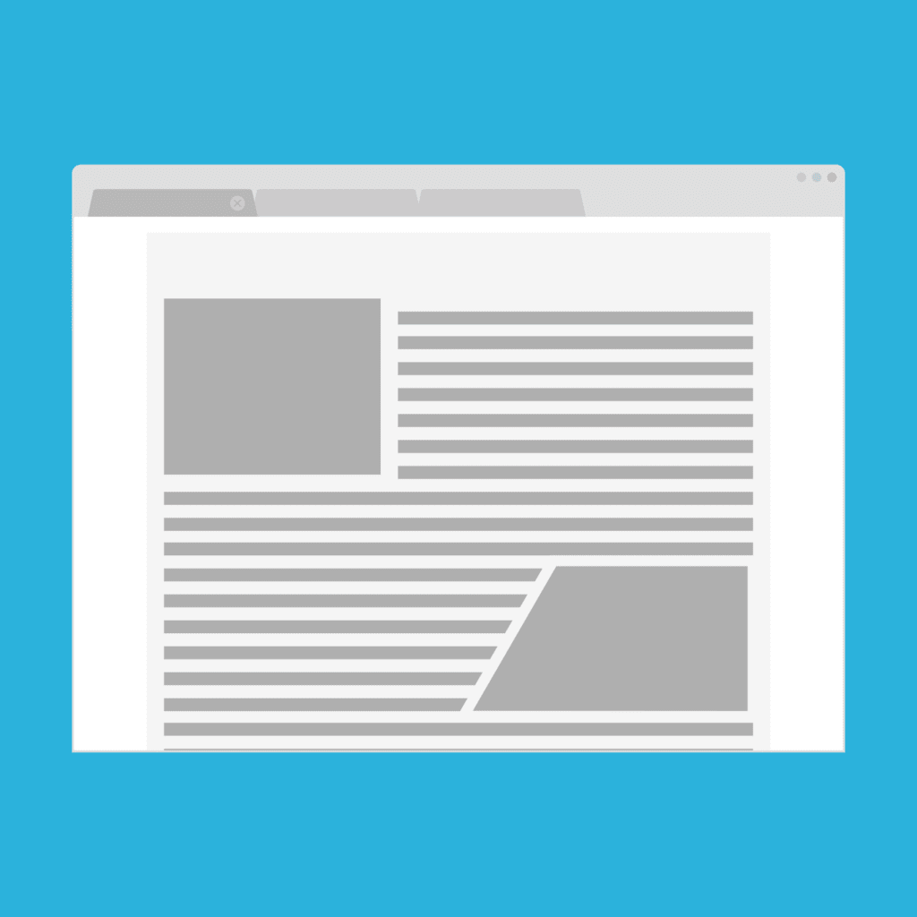Illustration of a web browser window open on a desktop, displaying a web page layout with gray blocks representing images and lines indicating text on a light blue background.