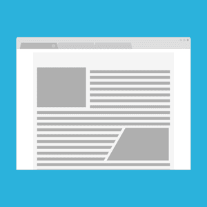 Illustration of a web browser window open on a desktop, displaying a web page layout with gray blocks representing images and lines indicating text on a light blue background.