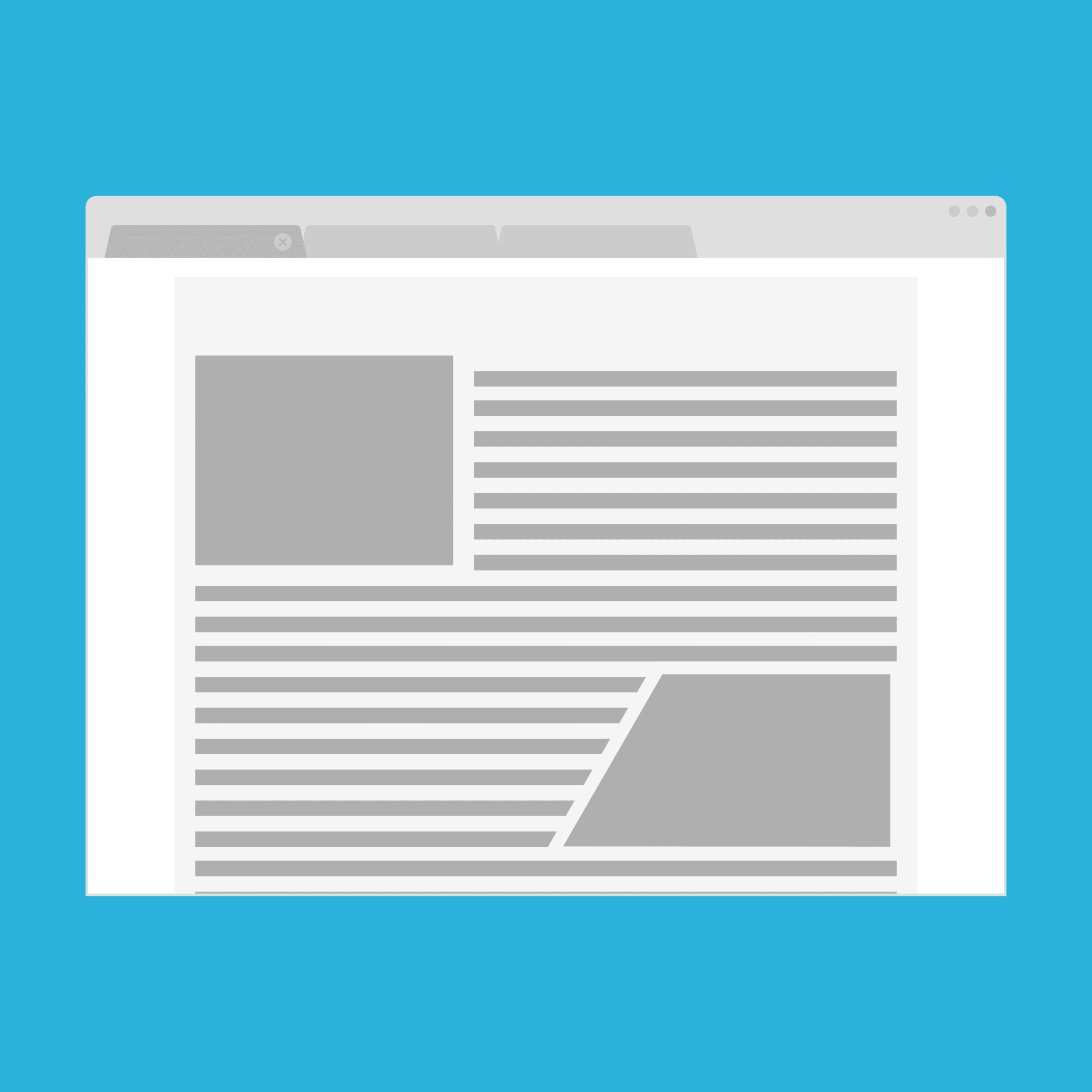 Illustration of a web browser window open on a desktop, displaying a web page layout with gray blocks representing images and lines indicating text on a light blue background.