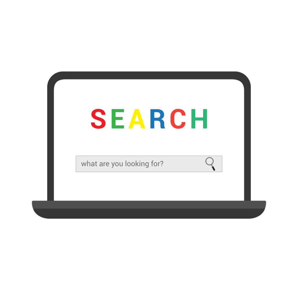 Illustration of a laptop displaying the word SEARCH in colorful letters above a search bar with the text what are you looking for? and a magnifying glass icon on a white background.