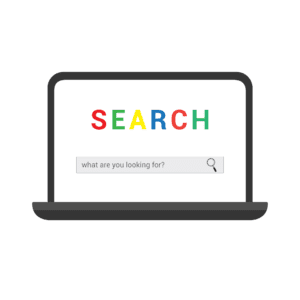 Illustration of a laptop displaying the word SEARCH in colorful letters above a search bar with the text what are you looking for? and a magnifying glass icon on a white background.