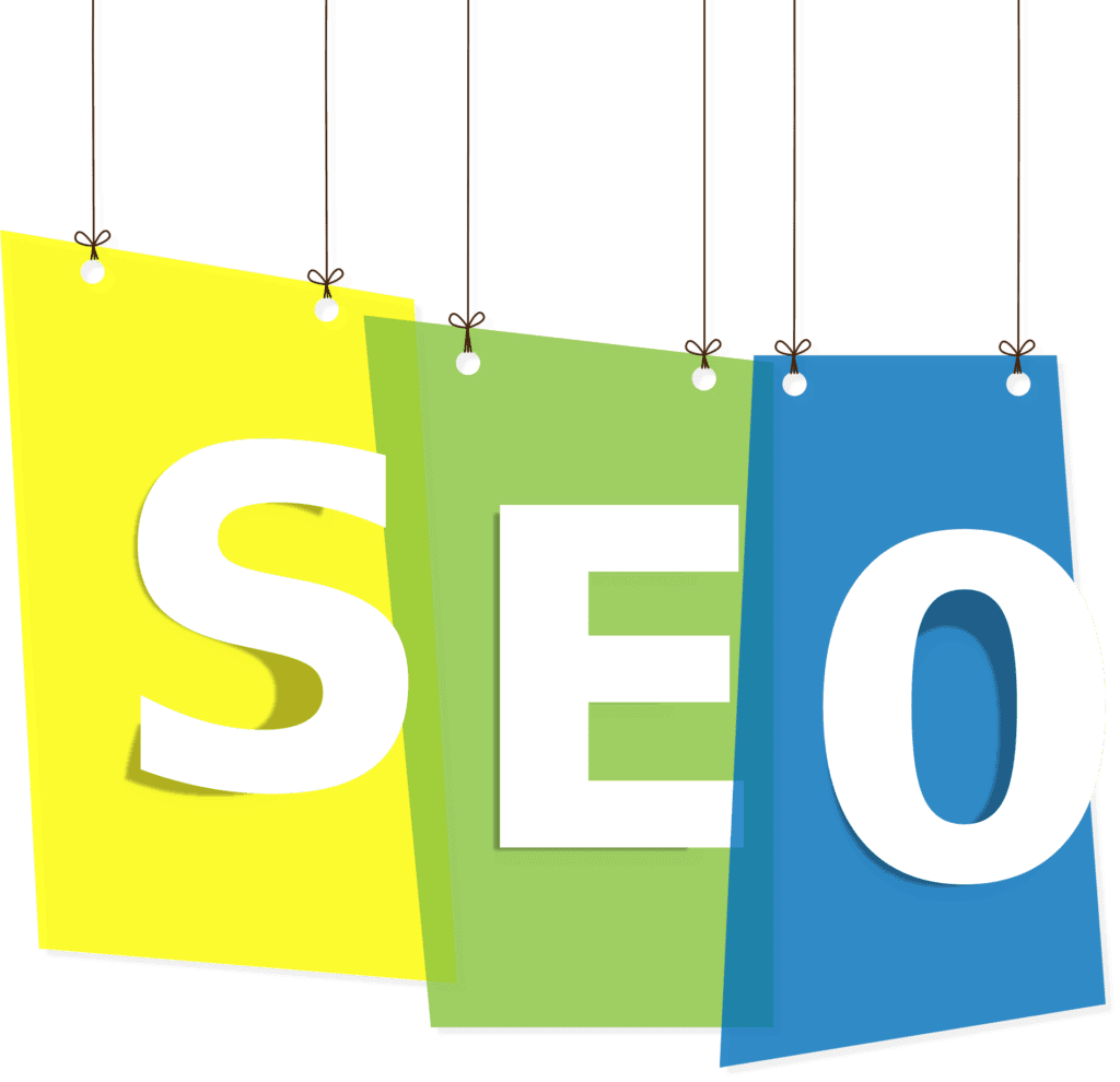 Three colored paper sheets (yellow, green, blue) hang from strings, each with a large white letter spelling SEO from left to right. The sheets are overlapped and have drop shadows.