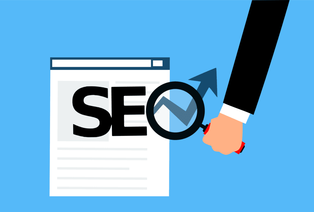 Illustration of a hand holding a magnifying glass over the word SEO on a web page, with an upward arrow inside the glass, symbolizing search engine optimization and website ranking improvement.