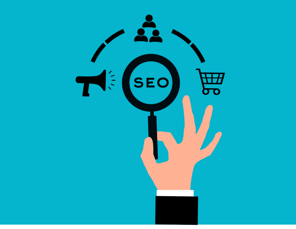 A hand holding a magnifying glass with SEO inside, surrounded by icons of a megaphone, people, and a shopping cart, representing search engine optimization concepts on a blue background.