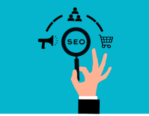 A hand holding a magnifying glass with SEO inside, surrounded by icons of a megaphone, people, and a shopping cart, representing search engine optimization concepts on a blue background.