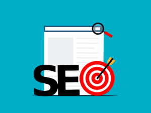 Illustration of a web page with a magnifying glass above it. In front, bold letters SEO and a red target with a yellow arrow in the bullseye, symbolizing successful search engine optimization. Blue background.