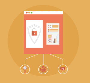 A graphic of a web browser window displaying a padlock icon and data charts, connected by lines to three icons: a magnifying glass, a globe, and a shopping cart, symbolizing secure online activities.