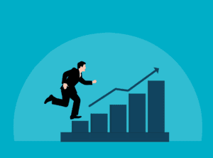 A businessperson in a suit is running up bar graph columns, with an upward-pointing arrow above the bars, symbolizing business growth and success on a blue background.