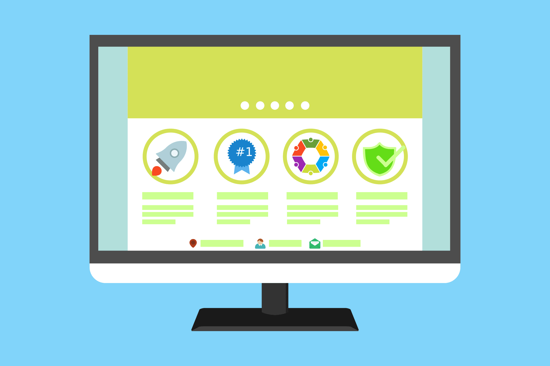 A computer monitor displays a website with four highlighted features, each represented by different icons: a rocket, a blue badge, a colorful star, and a green shield, set against a light blue background.