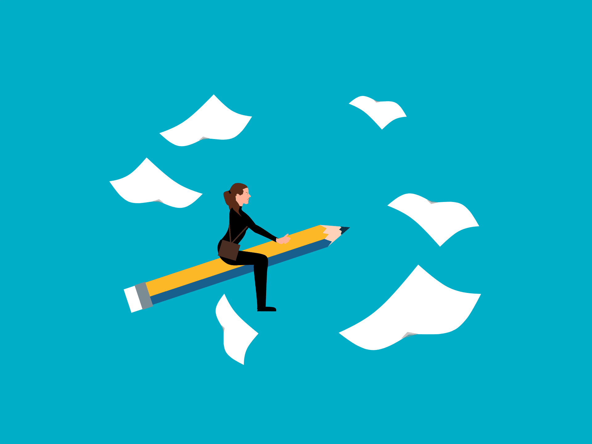 Illustration of a person in business attire riding a large pencil, surrounded by flying sheets of paper, against a blue background.